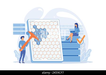 Tiny people, scientists at tablet with pickaxe mining. Data mining, data warehouse sourcing vector illustration Stock Vector