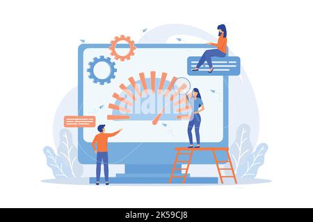 Tiny business people look at product performance indicator. Benchmark testing, benchmarking software vector illustration Stock Vector
