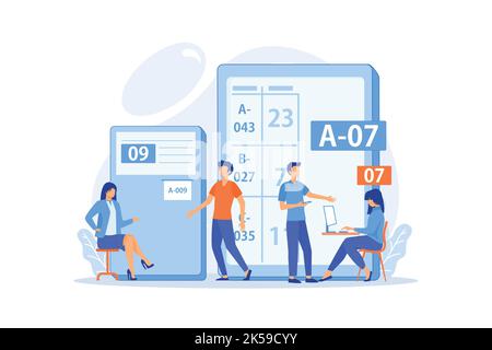 Waiting room with ticket system. Customer management method. Electronic queuing system, electronic queue management vector illustration Stock Vector