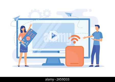 Tiny people watch video with remote control and television multimedia box. Smart TV box, smart tv console vector illustration Stock Vector