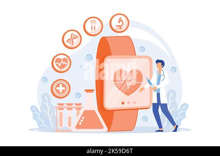 Doctor and smartwatch with heart and medical icons. Smartwatch health tracker and health monitor, activity tracking vector illustation Stock Vector