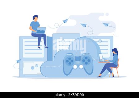 Two gamers playing computer connected with joystick. Gaming on demand, video and file streaming, cloud technology vector illustation Stock Vector