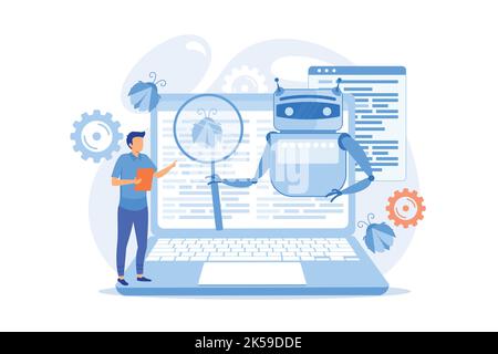 Controller reading regulations to robot. Artificial intelligence regulations, limitations in AI development vector illustration Stock Vector