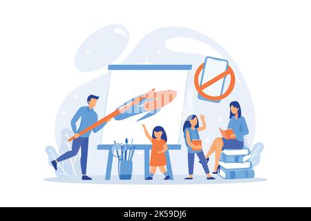 Tiny people parents paint and read books with children and no smartphone sign. Low tech parenting, tech-free kids vector illustration Stock Vector