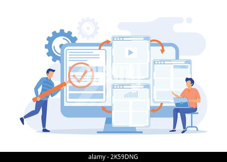 Digital technology. Search engine optimization. Website constructor. Microsite development, small web page vector illustration Stock Vector