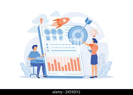 Tiny business analysts discussing ideas at laptop with data. Data initiative, occupation in metadata study vector illustration Stock Vector