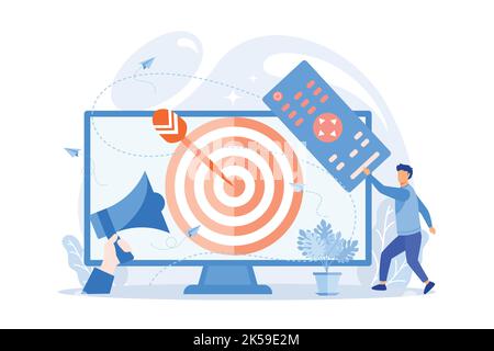 Businessman with remote control watching targeted TV ads. Addressable TV advertising, new advertising technology vector illustration Stock Vector