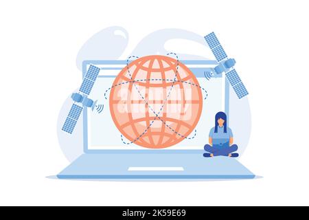 Boy use wireless Internet, teenager pastime, freelance job. Global web connection, global network communication vector illustration Stock Vector