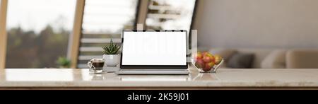 close-up image, Notebook laptop white screen mockup, a bread basket, a ...