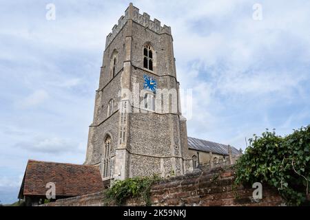 St Mary's Church, made of flint and stone in Kersey, Suffolk, UK. Location oif Magpie Murders series Stock Photo