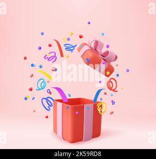 3d Cute Surprise Gift Box With Falling Confetti Stock Vector