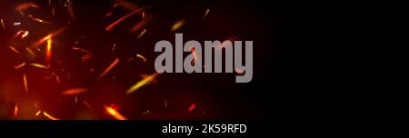 Red fire sparks overlay effect on black background. Burning campfire flame with ember particles flying in air at night. Abstract magic glow, energy bl Stock Vector