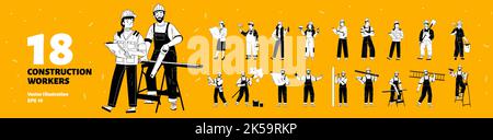Set of 18 construction workers isolated on yellow. Flat female and male characters in uniform, helmets using tools, equipment, engineering documents f Stock Vector
