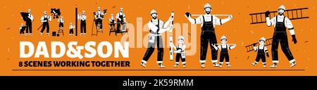 Dad and son builders working together. Father with child repair service workers in uniform. Parent with kid construction employees characters with too Stock Vector
