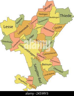 Pastel flat vector administrative map of SALZGITTER, GERMANY with name tags and black border lines of its districts Stock Vector