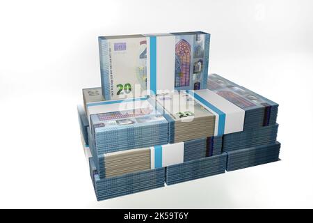 stack of bundles of 20 euro notes background piles of 20 euros banknotes twenty euros Stock Photo