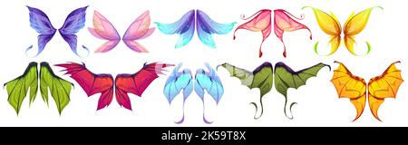 Wings of fairy, dragon or butterfly isolated set. Myth and fable creatures, birds or pixie different wing pairs. Colorful magic collection for rpg gam Stock Vector