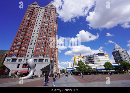 ROTTERDAM, NETHERLANDS - JUNE 9, 2022: Rotterdam cityscape with De Statendam building, Centrale Library Rotterdam and Blaak tower, Netherlands Stock Photo