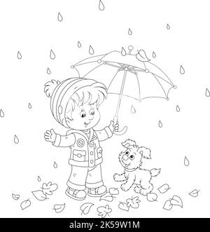 Little boy and his merry pup hiding from the rain under a striped umbrella while walking through fallen leaves on a rainy autumn day Stock Vector