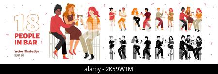 Set of happy people sitting in bar. Collection of male, female flat characters, couples, friends drinking cocktails, clinking glasses, dating and cele Stock Vector