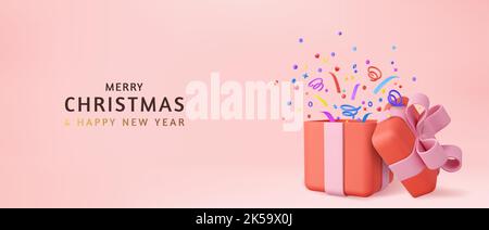 3d Cute Surprise Gift Box With Falling Confetti Stock Vector