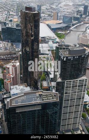 Melbourne city views looking west from the Eureka Tower on Southbank. 254m Prima Pearl Tower in foreground is a residential development completed 2014. Stock Photo
