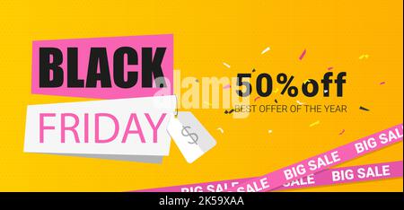 text Black Friday big Sale 50 off and best offer of the year and price tag with confetti Stock Vector