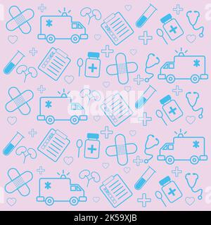 madical pattern patch ambulance kidney notebook test rube bottle stethoscope Stock Vector