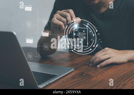 Information on the dms document management system's folder storage and search software, cloud platforms, conceptual datum digital business technology, Stock Photo