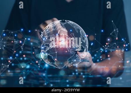 businessman holding Global network connection. big data intelligence analytics in the world Cyberspace technology strategy.business economic web trans Stock Photo