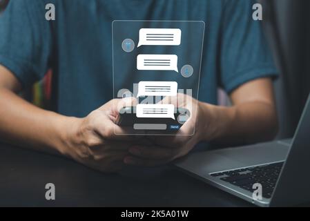 AI Chatbot service smart digital customer service.Artificial intelligence and service automation technology concept.man chatting with chatbot via appl Stock Photo
