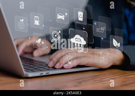 Organizations or companies develop carbon credit business virtual screen. Reduce CO2 emissions. Sustainable business development concept. Stock Photo