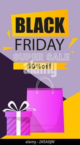 Printtext Black Friday Super Sale and 50 off vertical banner for the web with the image of a gift striped box with a bow and a package Stock Vector