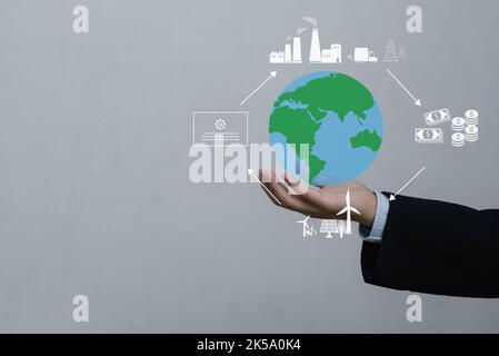 Reduce CO2 emission Net zero and carbon concept in the hand with icons, global warming for environmental climate change management eco economy develop Stock Photo