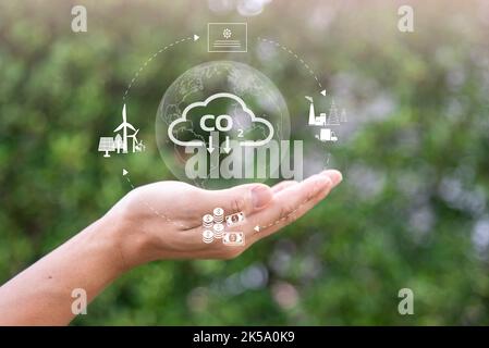 hand with environmental icons CO2 emission reduction icons global warming sustainable development and green business renewable energy clean and friend Stock Photo