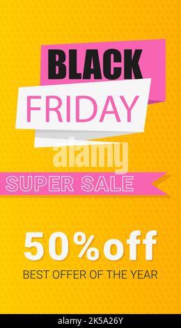 text Black Friday super Sale and 50 off vertical web banner Stock Vector