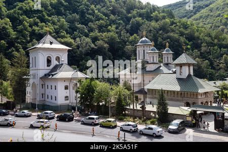 Lainici, Bumbesti-Jiu, Romania - July 10, 2022: View of Lainici Monastery  in Lainici, Bumbești-Jiu, Gorj, Romania. Stock Photo