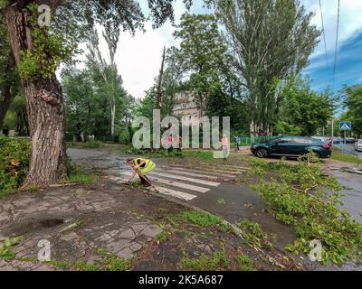 Utility workers cleaning trees after storm on the road. recycle the trees felled by the wind on the street. The consequences of a storm or hurricane. Stock Photo