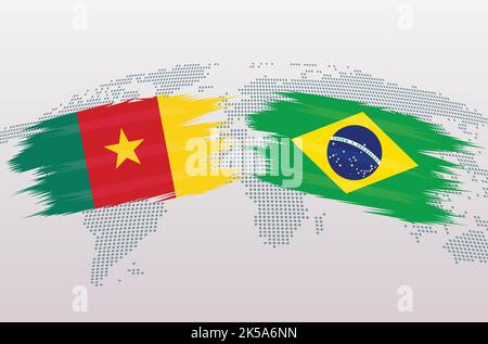 Cameroon vs Brazil flags. Cameroon and Brazil flags, isolated on grey world map background. Vector illustration. Stock Vector