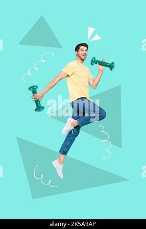 Vertical collage image of excited cheerful person jumping hands hold dumbbells isolated on painted background Stock Photo