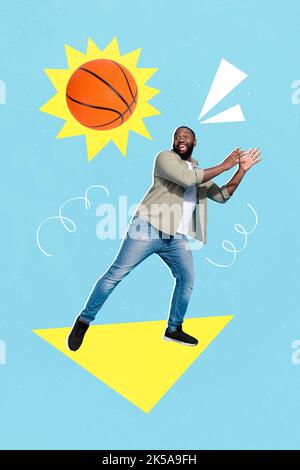 Vertical collage portrait of excited positive guy arms catch basketball isolated on drawing creative background Stock Photo