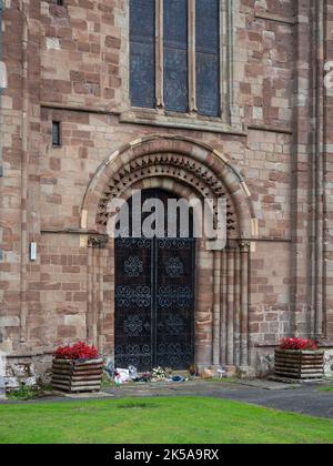 Door to the parish church of St Michael and All Saints, Ledbury, Herefordshire, UK; earliest parts of the church date from the 12th century. Stock Photo