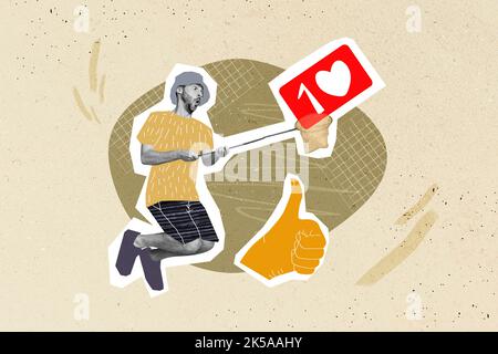 Creative artwork collage photo of funny impressed excited guy hold fishnet seine hunting likes thumb up isolated on beige color background Stock Photo