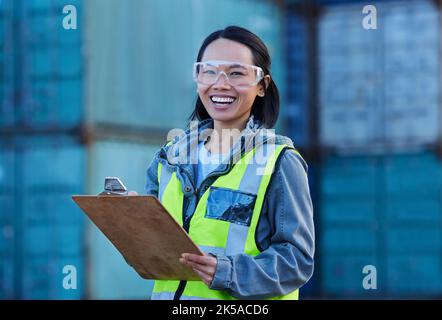 Construction worker in supply chain logistics, success in woman empowerment and freight shipping container port. Contractor stock inventory, happy Stock Photo