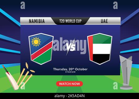 Cricket Concept with Silver Winning Trophy of Participated Team Namibia Vs UAE on Stadium Lights Background. T20 World Cup. Stock Vector