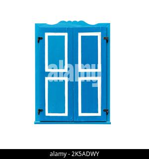 Blue wooden window shutters isolated, colorful closed window cutout Stock Photo