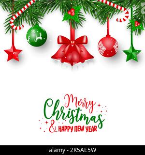 Christmas and New Year greeting card. Hanging red bells, stars and ornaments with decoration on a green holiday branches. Stock Vector