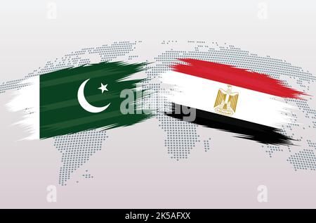 Pakistan VS Egypt flags. Islamic Republic of Pakistan VS Egypt flags, isolated on grey world map background. Vector illustration. Stock Vector