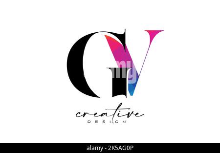 GV Letter Design with Creative Cut and Colorful Rainbow Texture. GV Letter Icon Vector Logo with Serif Font and Minimalist Style. Stock Vector
