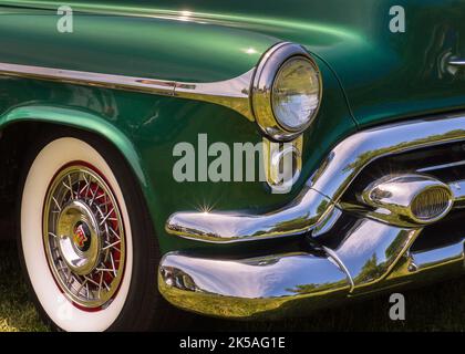 DEARBORN, MI/USA - JUNE 18, 2016: Close up of a 1953 Oldsmobile 98 car at The Henry Ford (THF) Motor Muster car show, Greenfield Village, near Detroit. Stock Photo